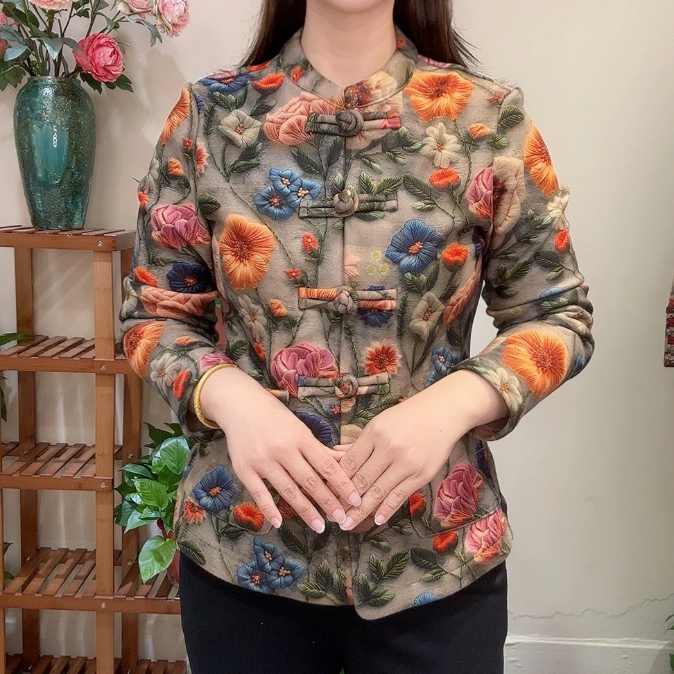 国风宽松型女装秋冬碎花小衫立领外套