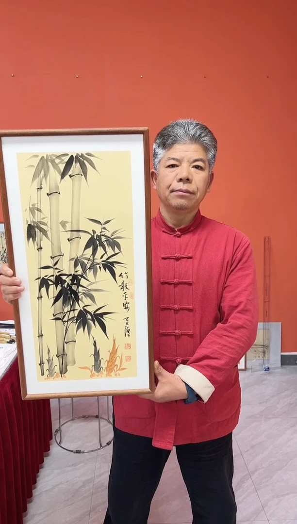 书法张富民手绘作品/竹报平安//古宣（（乌檀木外框）35*70cm左右