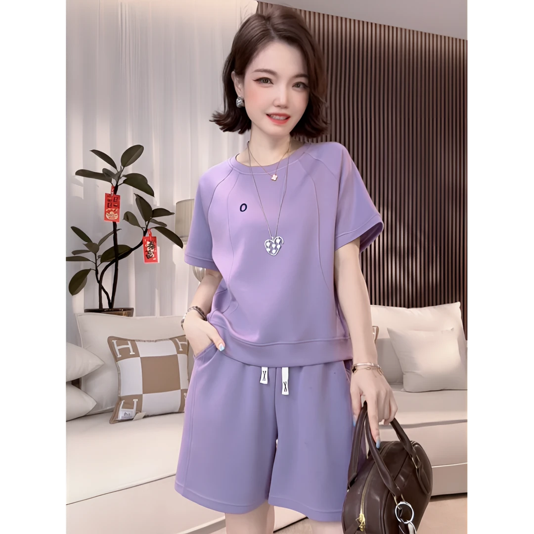 蕊柏斯夏季新款女刺绣套装时尚休闲百搭减龄运动短袖+短裤YM