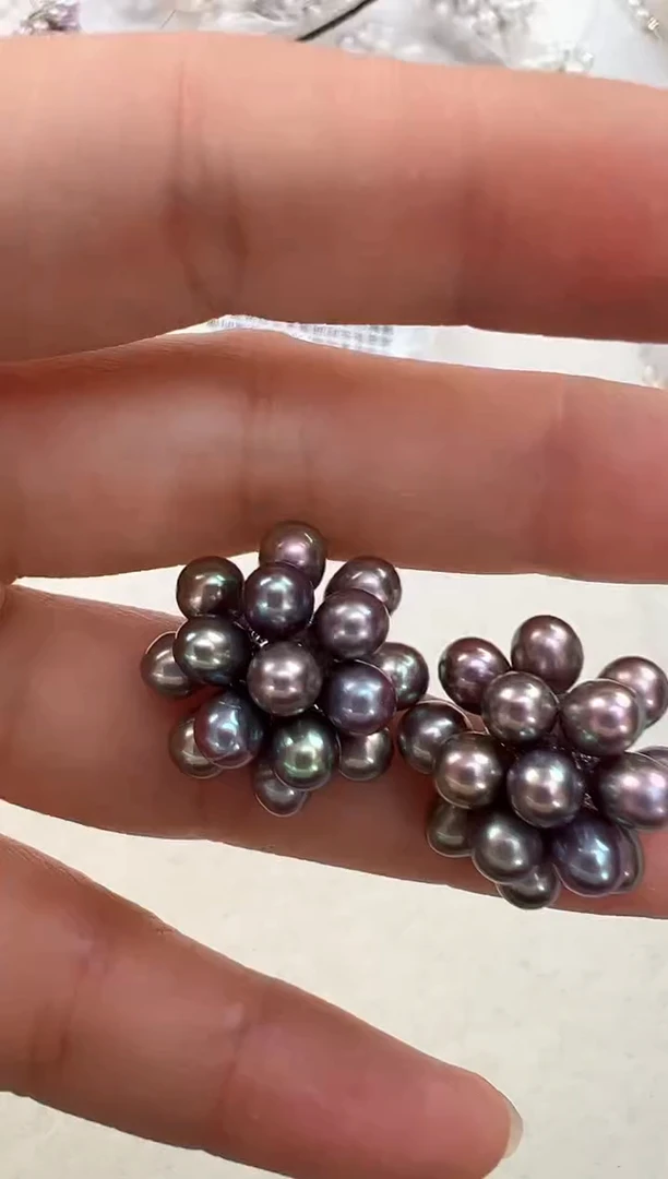 【闪购商品】淡水珍珠耳饰合金深紫爆米花