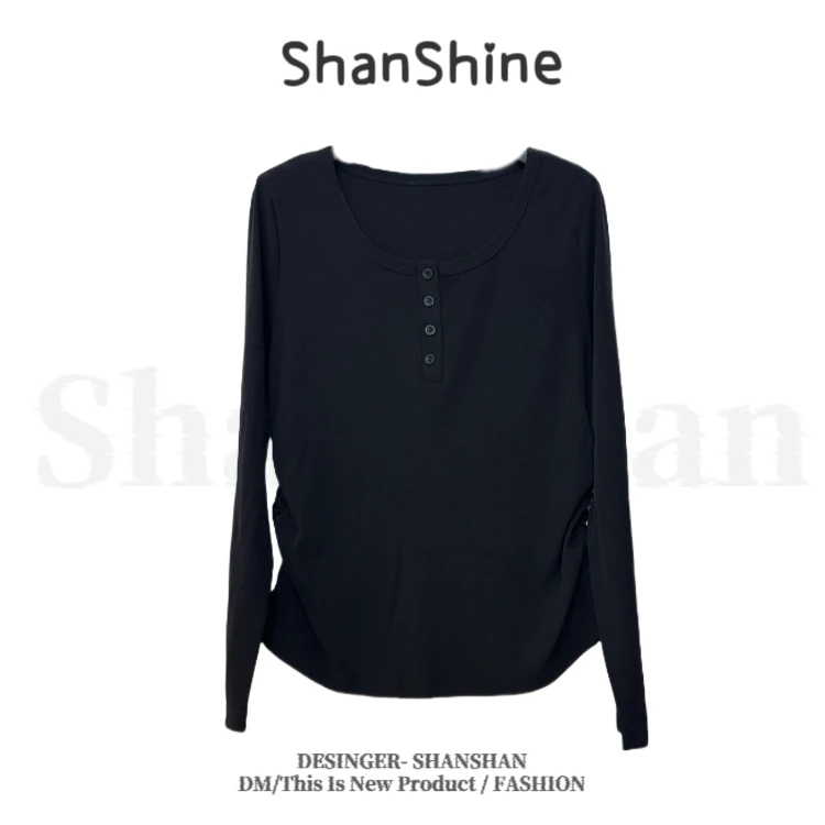 新款纯色抽褶修身长袖打底T恤