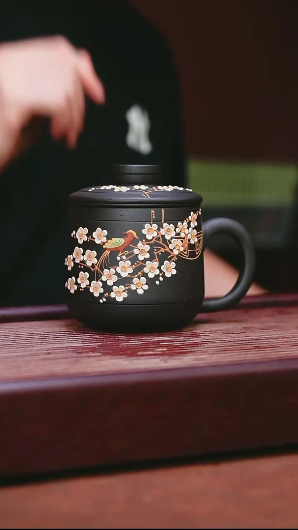 紫砂公道杯宜兴原矿紫砂  喜上枝头三件套