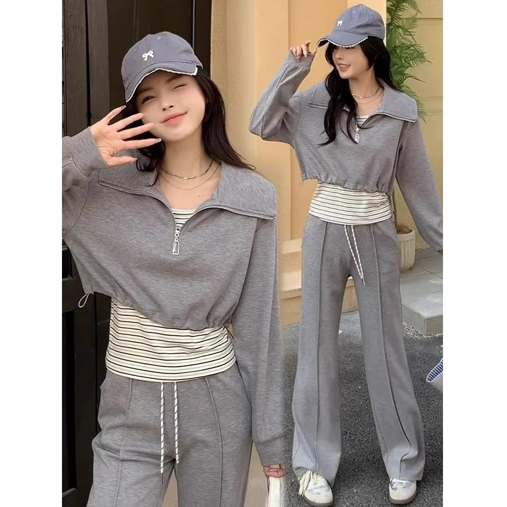 时尚休闲套装女2025春季新款洋气质显瘦卫衣外套背心阔腿裤三件套