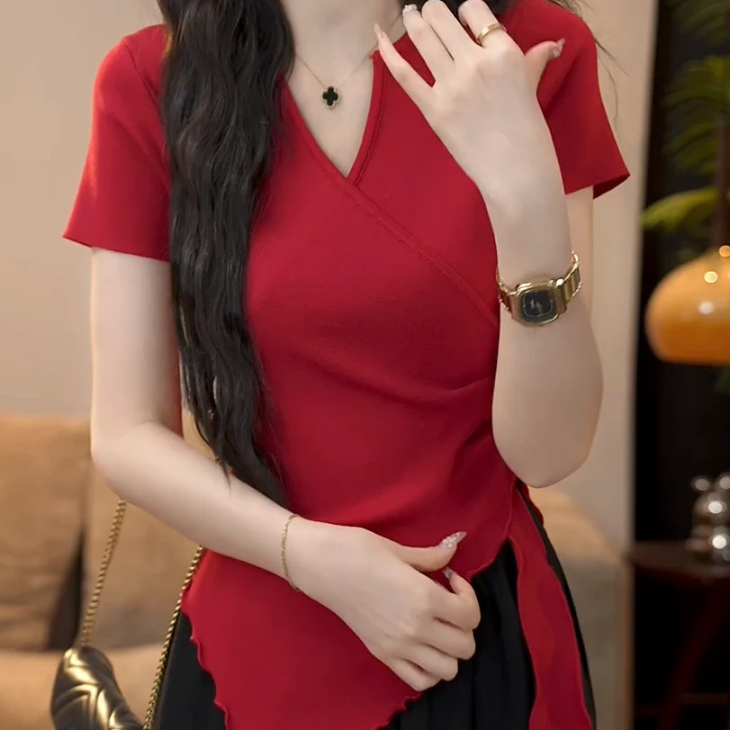 【绵绵芝士】设计感小众不规则下摆短袖针织衫女