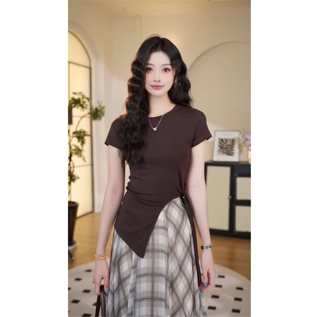 2025夏季短袖圆领设计感系带T恤斜纹不规则短袖显瘦款百搭上衣