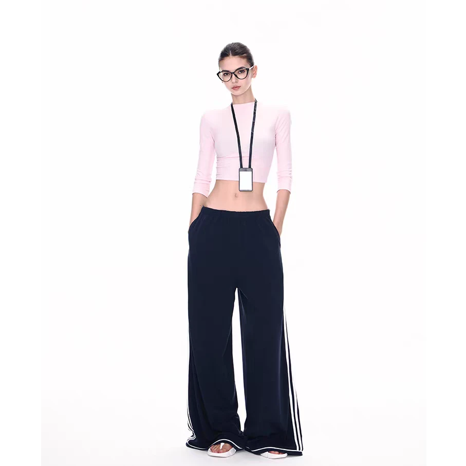 美式辣妹宽松复古休闲拖地阔腿裤+莱赛尔修身短袖t恤