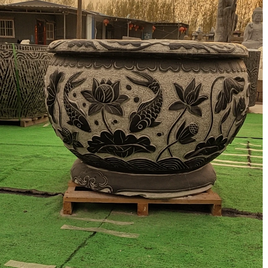 天然青石水缸荷花鱼水缸天然汉白玉水缸花岗岩虾红水缸芝麻白水缸