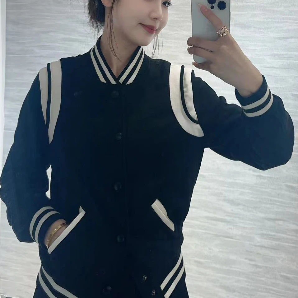 黑白拼色条纹经典爆款棒球服