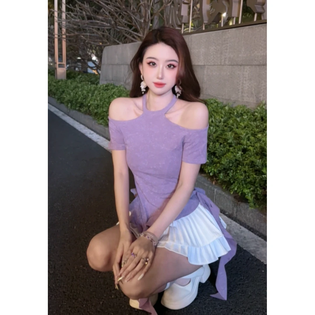 常规款露肩斜领方领短袖法式泡泡袖T恤修身甜酷