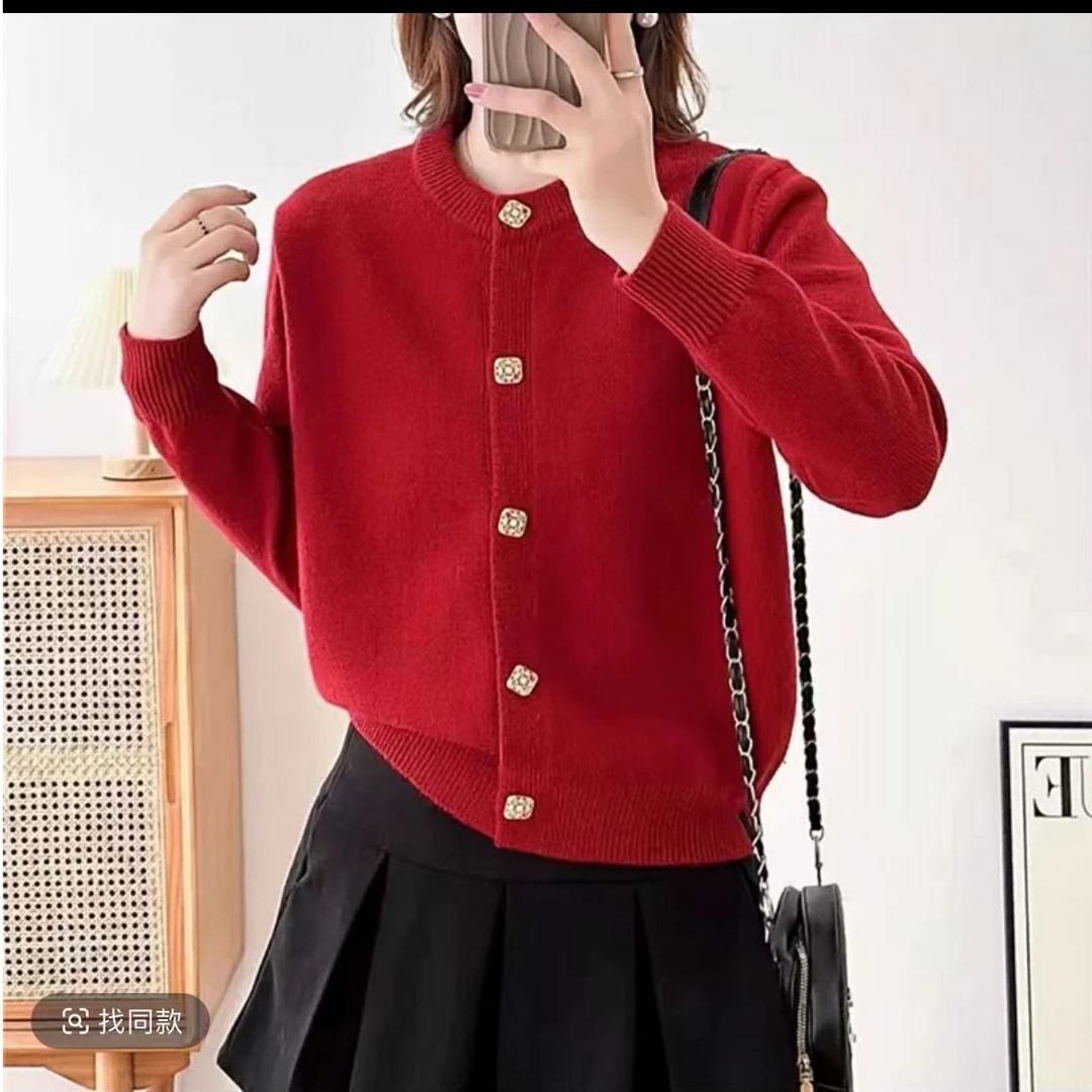 822【红   水晶扣开衫新款加厚针织衫】高级感气质针织女毛衣