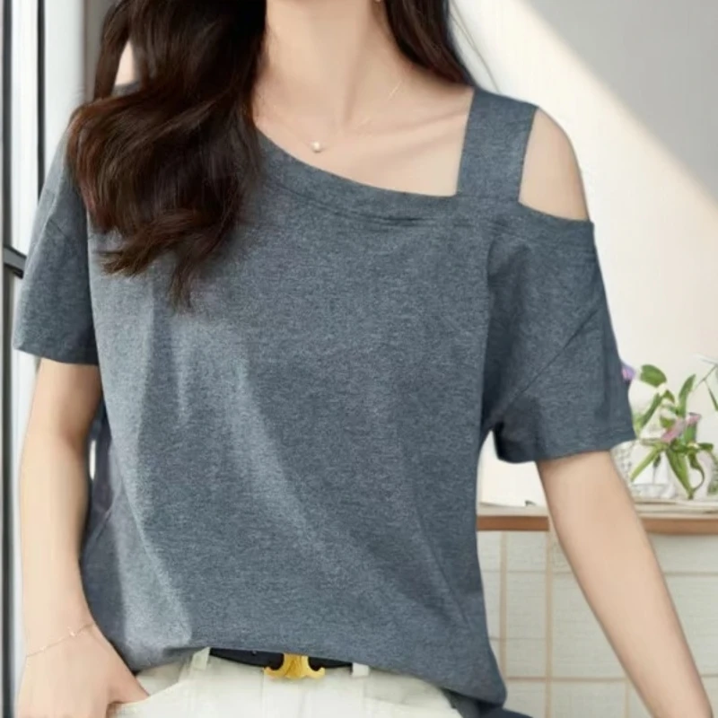 1738设计感露肩吊带短袖T恤女夏季新款宽松减龄体恤洋气上衣