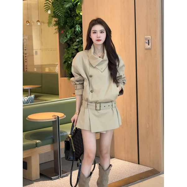 LOSA ROSA短款风衣小个子卡其色立领春秋收腰宽松英伦风廓形外套