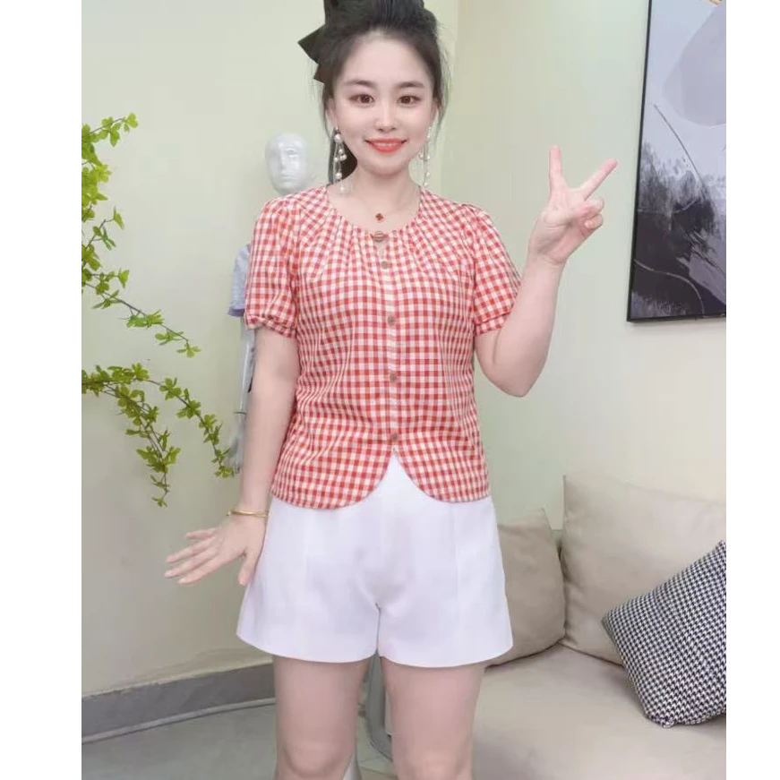 淑女日记··夏季短款格子短袖衬衫圆领设计修身百搭减龄气质上衣59