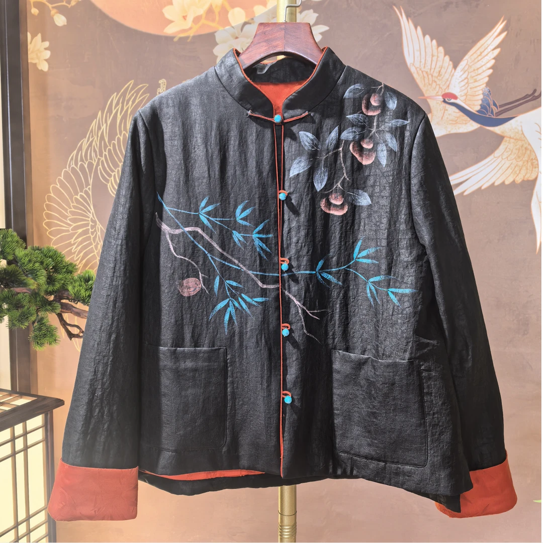 青娘子香云纱重缎印花拼貂毛加厚穿搭棉服51330