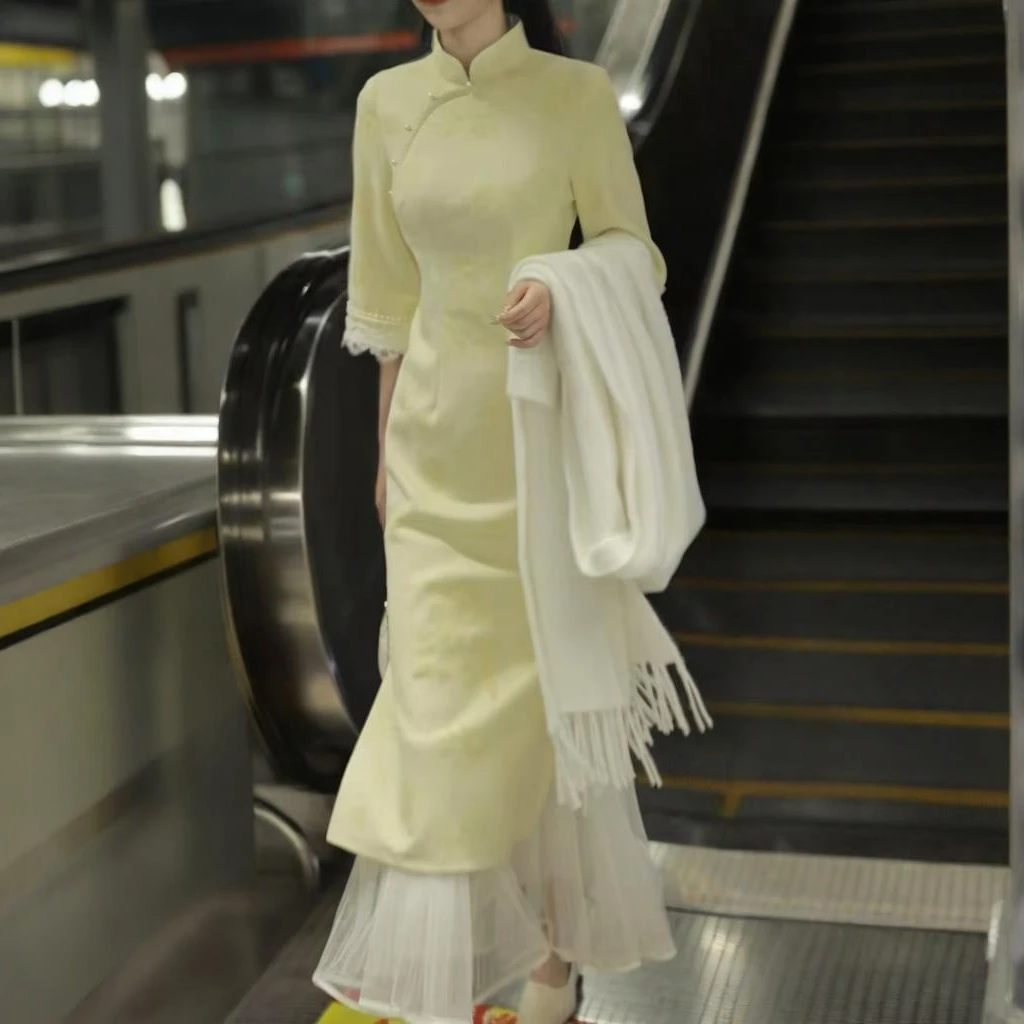 俏娘鱼黄色麂皮绒新中式倒大袖旗袍女2025秋新款改良淑女日常可穿