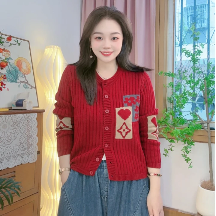 【秋款现货100%纯棉】爱心提花圆领针织长袖开衫女装宽松百搭外套