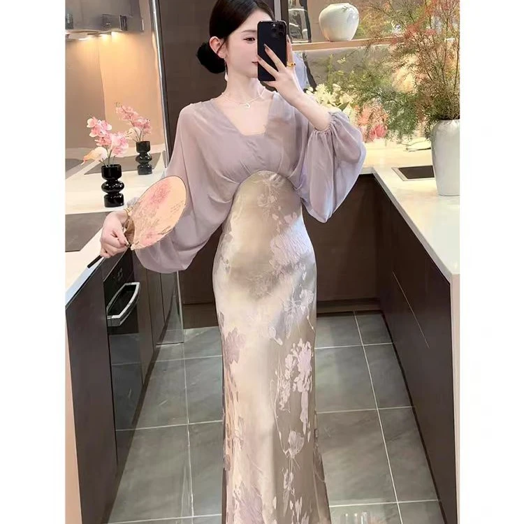 思-539#新中式国风紫色假两件连衣裙子女新款高级感气质收腰长裙