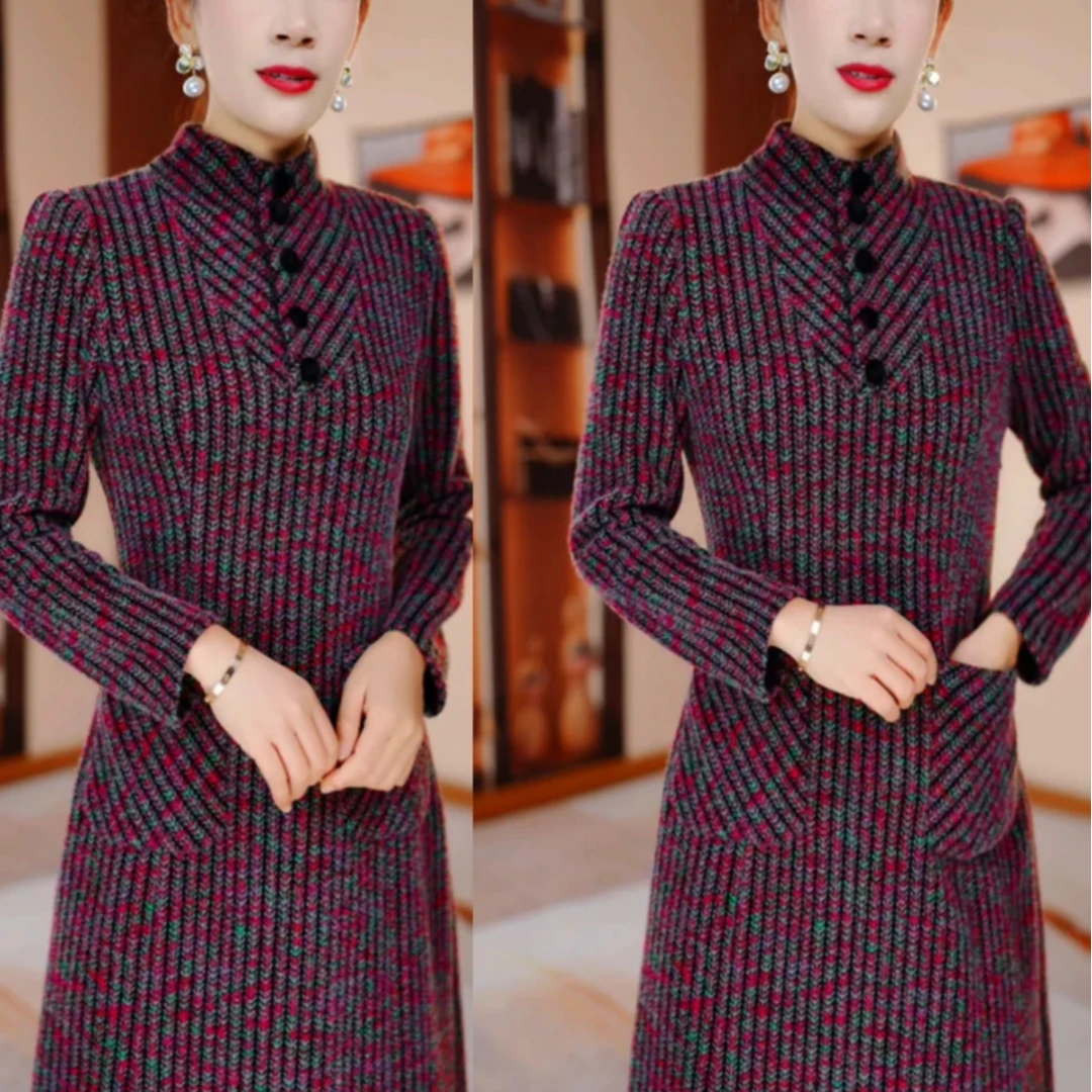 熙熙衣橱彩色条纹冬季新款修身显瘦遮肉连衣裙高雅大气HR2078洋气