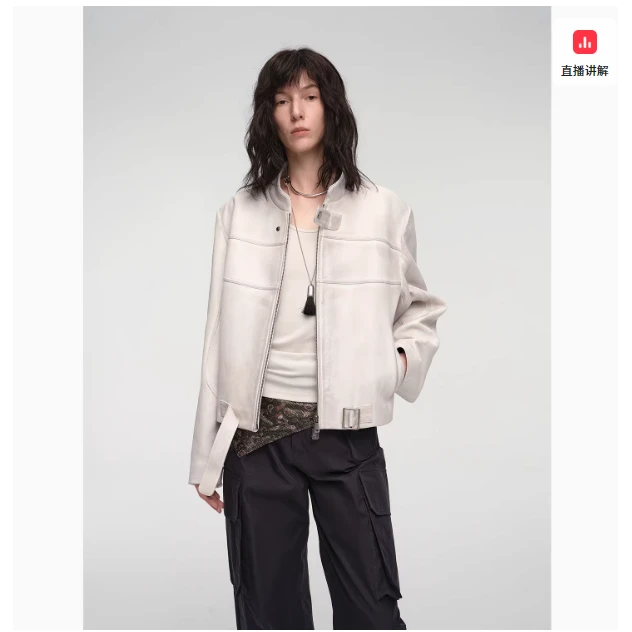 [老钱 Vibe] 付智恩 焦糖山 绵羊皮高级感真皮皮衣女小立领机车