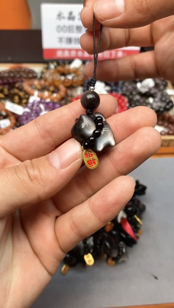 【闪购商品】水晶手串未镶嵌A6 银耀石招财猫手机链