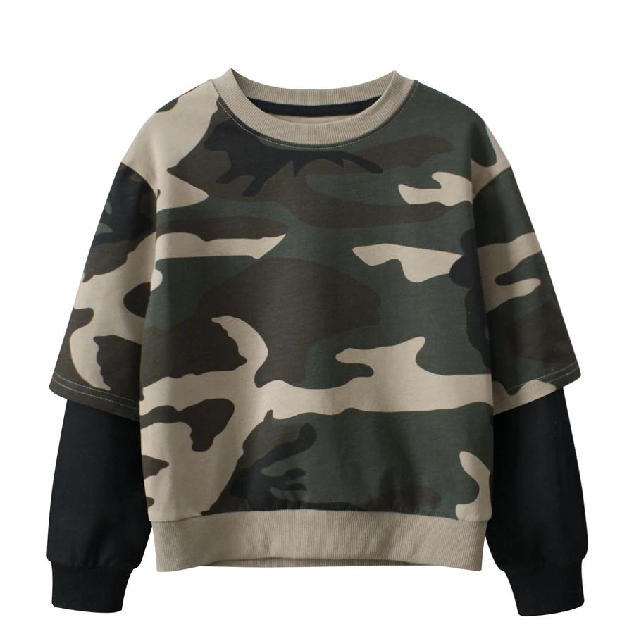 儿童秋装迷彩卫衣韩版全棉假两件拼接毛圈圆领秋装套头休闲上衣