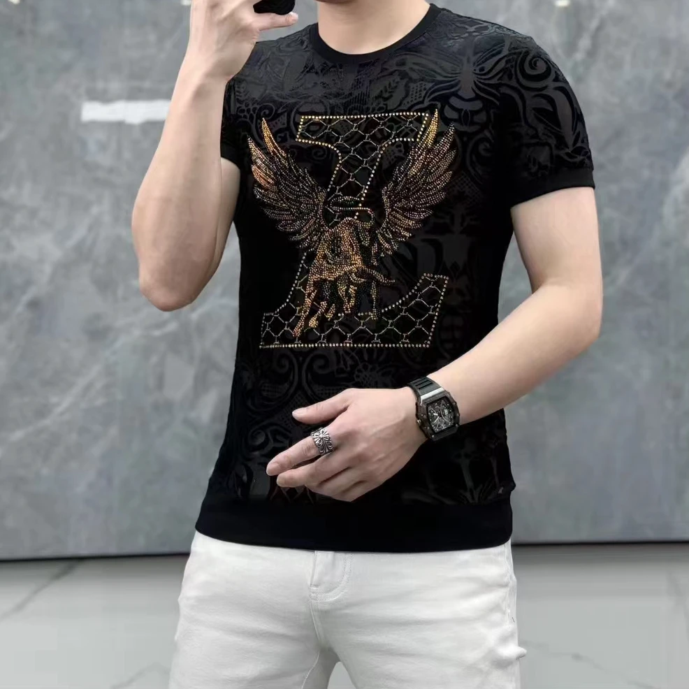 欧洲站  夏季新款男士潮流时尚修身个性百搭植绒烫钻休闲圆领短袖