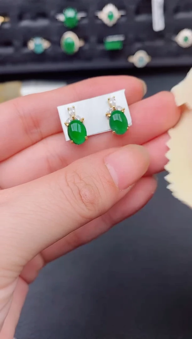 银S925镶嵌翡翠耳饰天然a货翡翠174