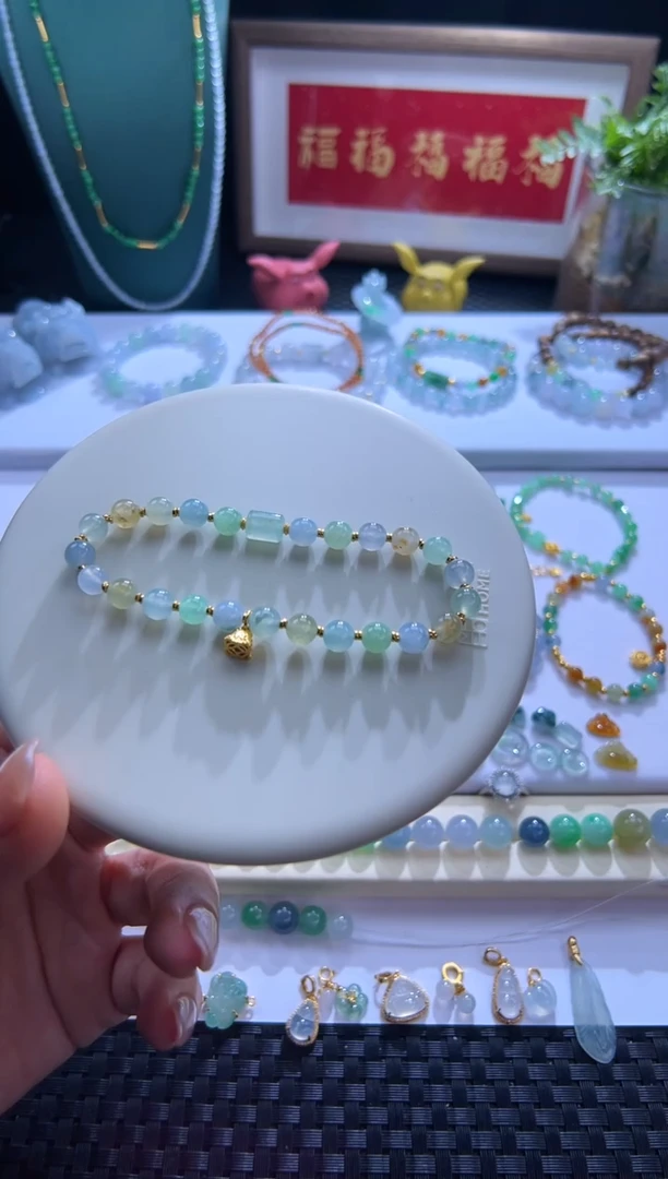 足金镶嵌手串翡翠足金卡6浅色马卡龙设计款