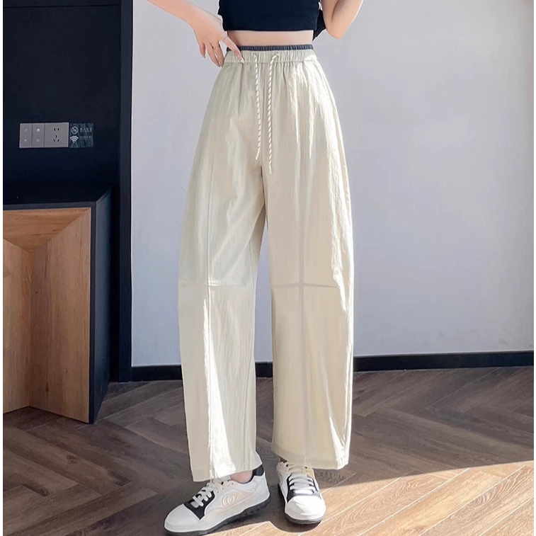 清冷感弯刀裤夏季薄款冰丝速干撞色腰头减龄宽松百搭阔腿气球裤