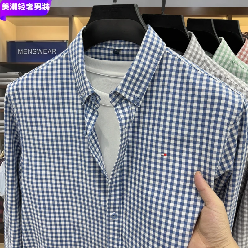 Tommy汤米春秋季新款长袖格子衬衫男士莱赛尔棉轻奢百搭格纹衬衣
