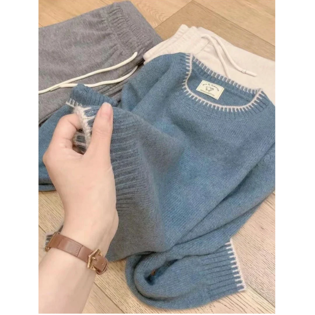 3445秋冬新款温柔风圆领长袖针织衫宽松内搭打底上衣