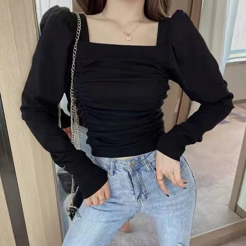 00018 秋冬时尚洋气泡泡袖短款长袖t恤露锁骨褶皱法式方领