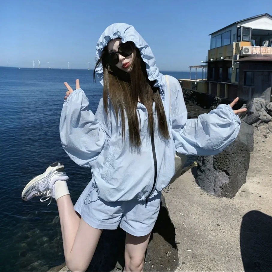 韩版洋气连帽防晒衣套装女夏季新款小个子外套短裤两件套运动百搭