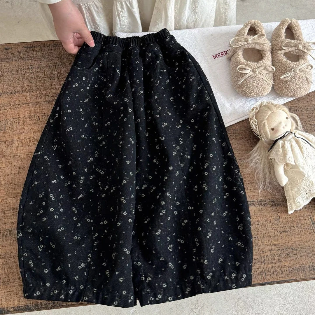 女童森系复古黑色碎花灯笼裤秋季新品韩系女宝宝百搭休闲宽松长裤
