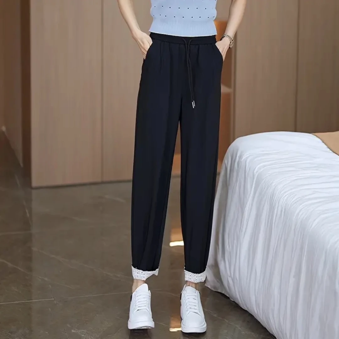 卷边哈伦裤女夏季2025新款遮胯显瘦萝卜裤小个子蕾丝花边老爹裤子