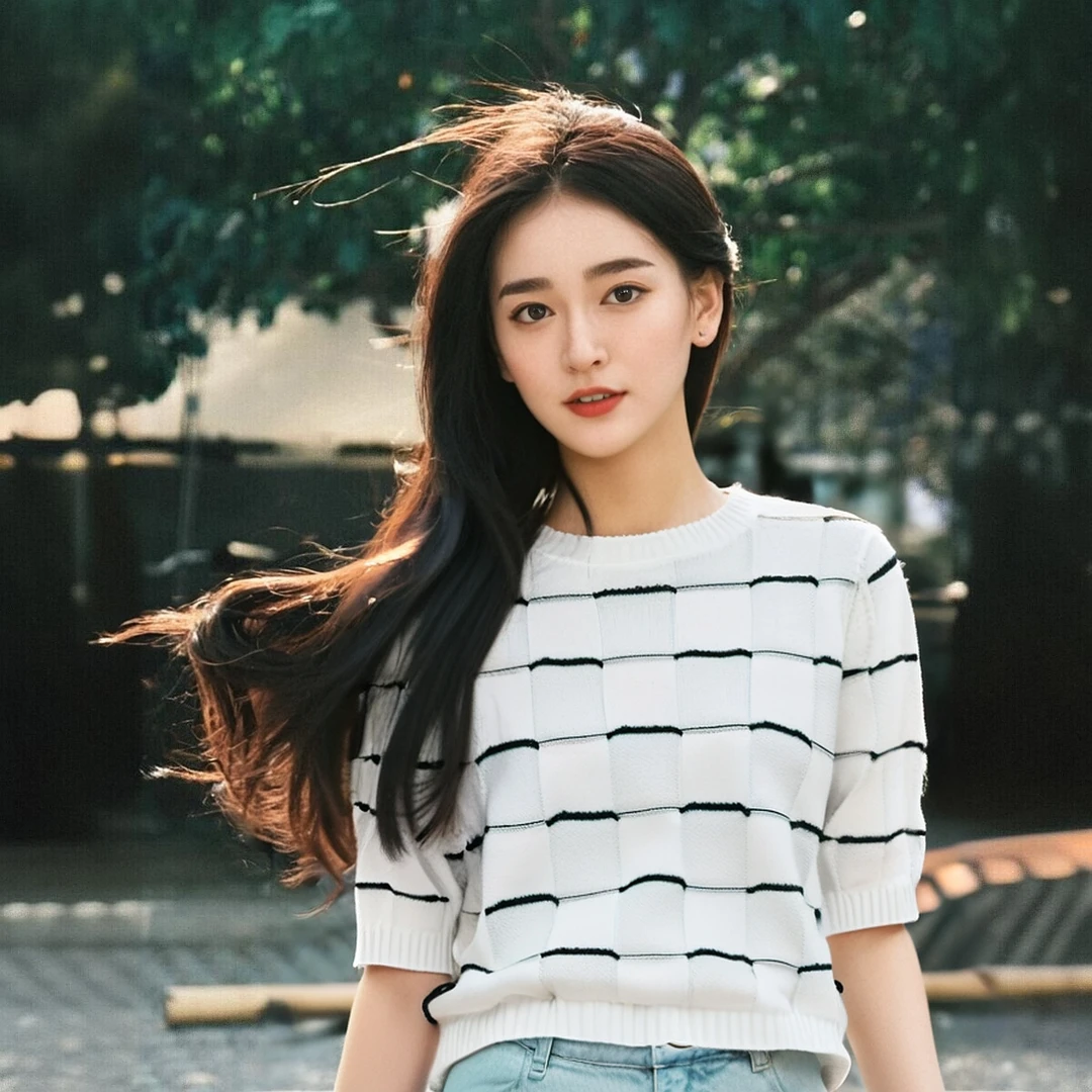 【80%亚麻20%棉】时尚休闲百搭黑白条纹夏季圆领套头短袖