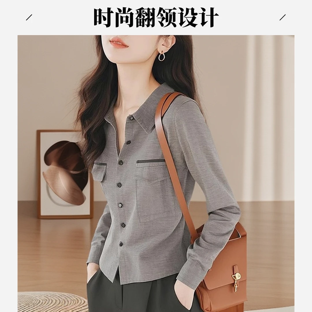 灰色长袖衬衫春装女2025新款爆款小衫高级感独特漂亮法式气质上衣