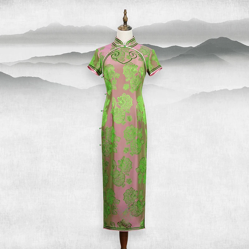 岚雨 28姆米桑蚕丝手工旗袍长款复古气质古风古韵旗袍裙