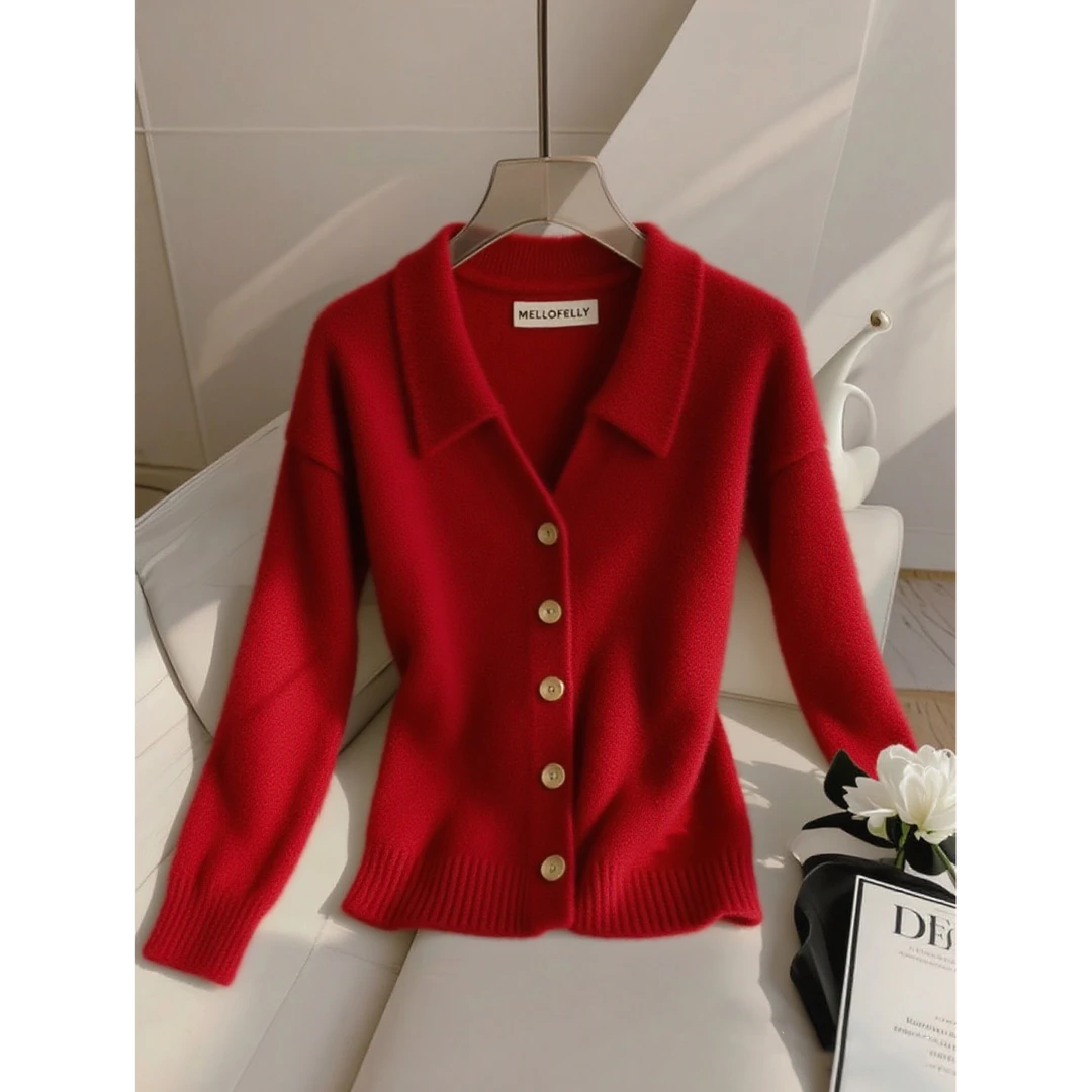 2025秋季新款时髦穿搭小众洋气气质显瘦翻领长袖上衣慵懒毛针织衫