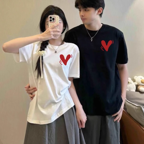 情侣装2025新款一男一女情侣短袖潮牌高级感夏季纯棉宽松休闲T恤