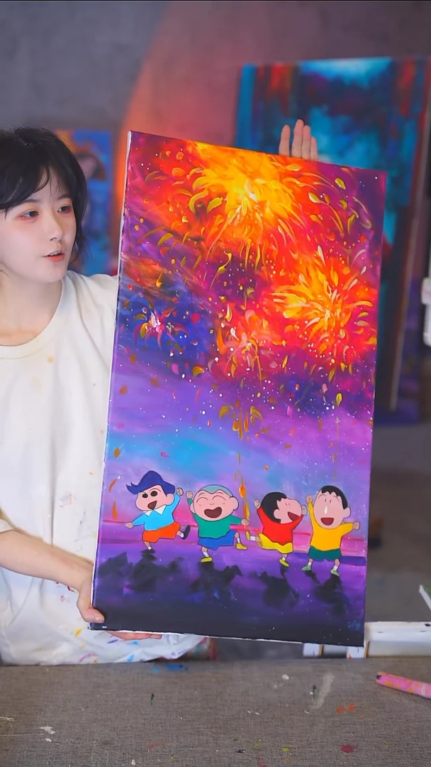 油画⨇****ᵉ蜡笔小新全家福丙烯画纯手绘