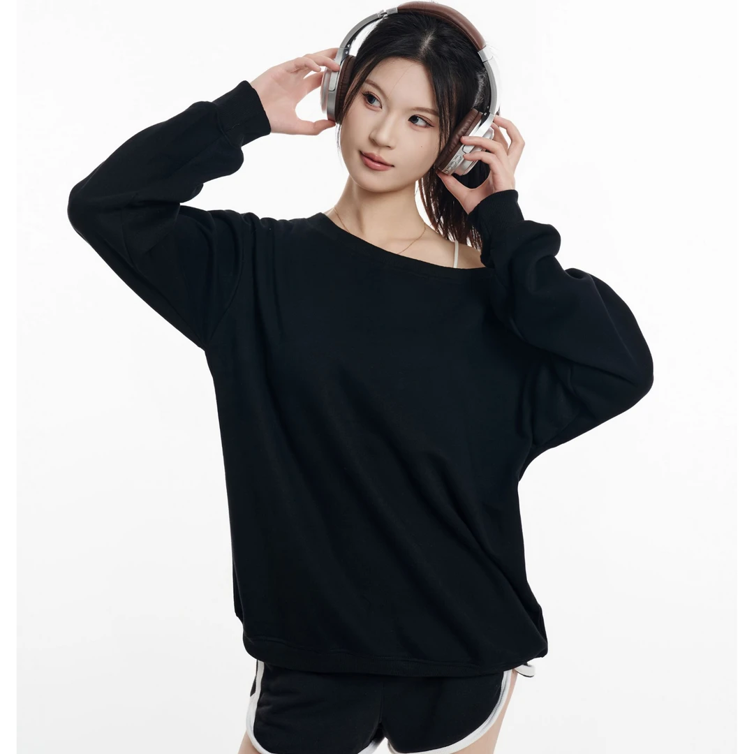 HSNH大领口秋季卫衣纯色百搭休闲女一字肩斜肩两穿