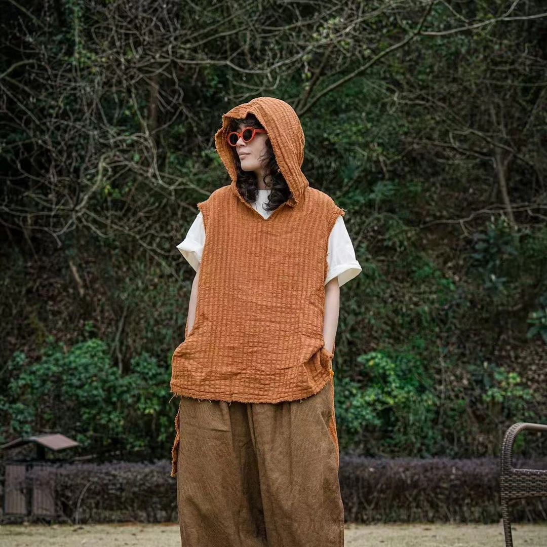 疯子张2025春夏款提花亚麻无袖不规则套头马甲休闲连帽衫08446