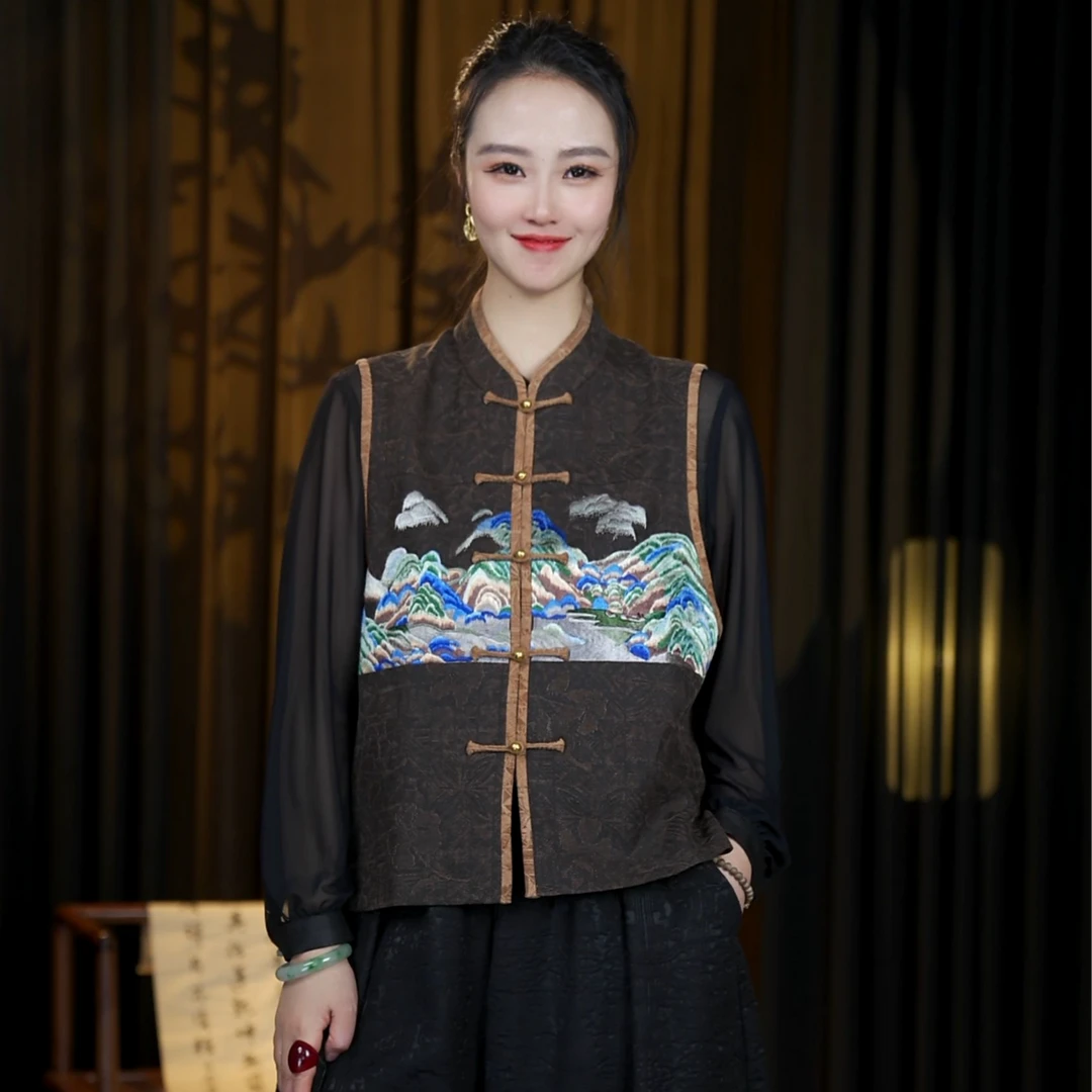 重磅桑蚕丝柞蚕丝中国风新中式百搭中长款马甲HYQ8181-麒麟