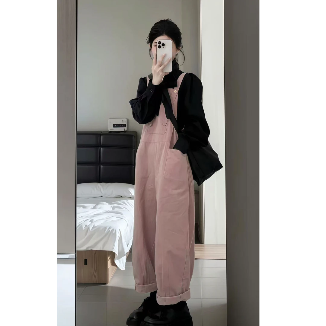 减龄牛仔背带裤女2025新款小个子宽松韩版显瘦连体阔腿萝卜裤套装