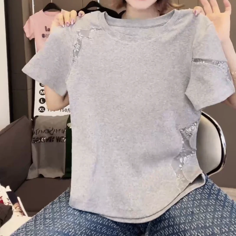 2025新款短袖 蕾丝镂空设计短袖T恤女修身显瘦上衣LK2501365