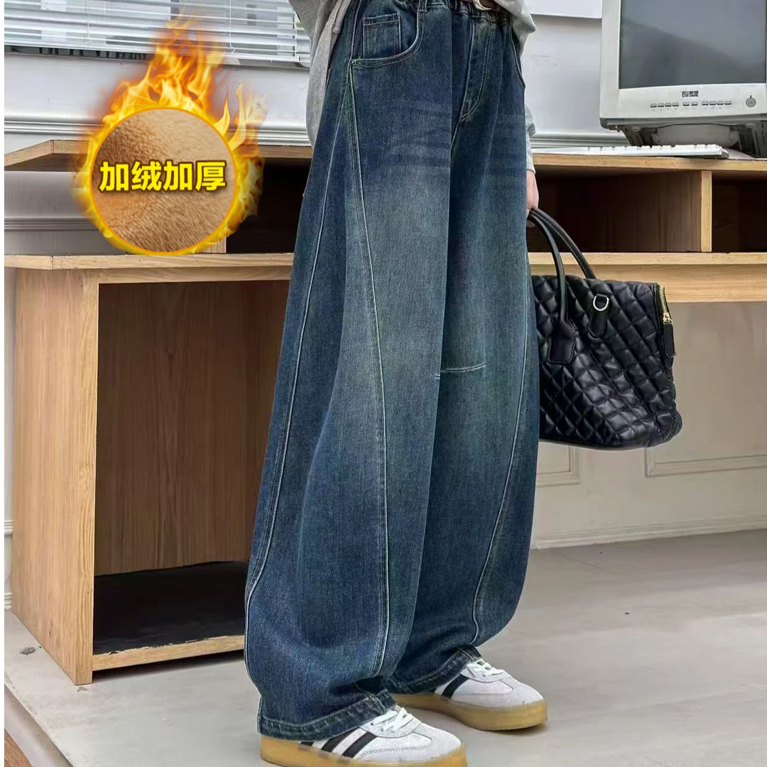 时装版*冬季女童加绒加厚牛仔弯刀裤女童加绒牛仔裤&（750）