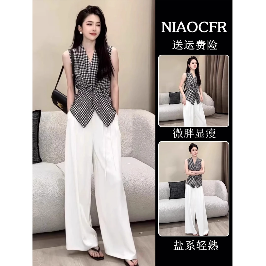 巨好看的夏日套装女韩系时尚减龄格子无袖背心上衣阔腿裤两件套装