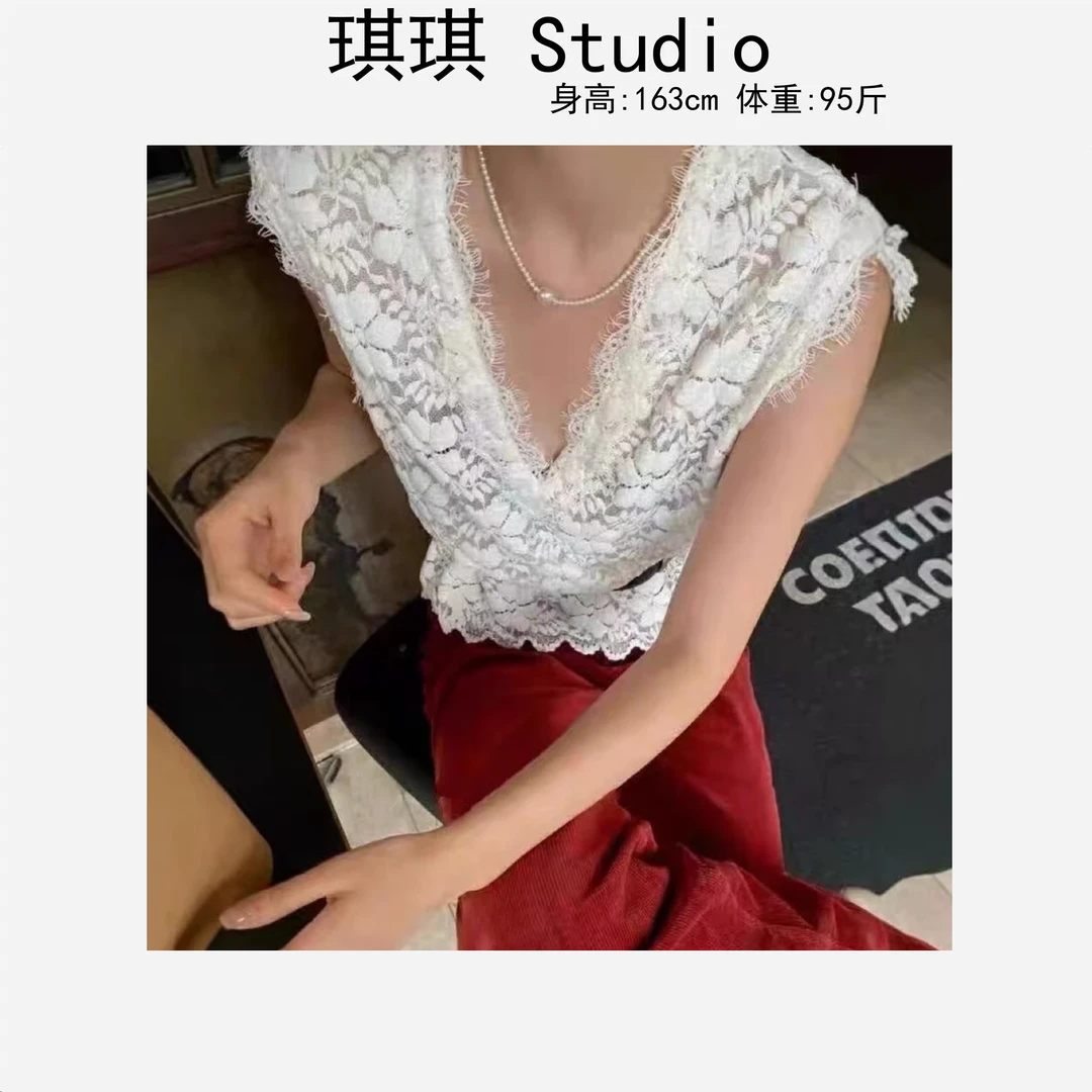春季新款轻奢高级感v领甜美洋气显瘦减龄百搭无袖蕾丝上衣-G