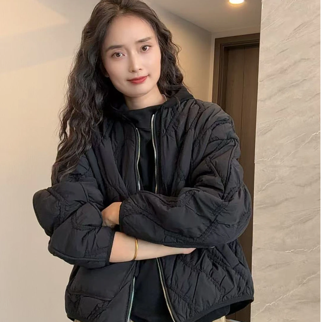 8823-秋冬落肩袖绵羊毛圆领女拉链棉衣长袖棉服（内里填充绵羊毛）